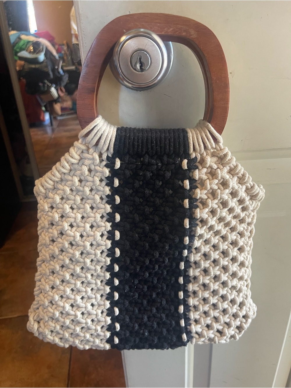 Handcrafted Cream and Black Macrame Tote with Wooden Handles